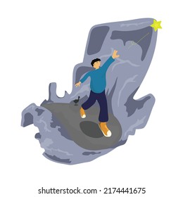 Man trying to catch a star against a large rock background and accompanied by a chicken