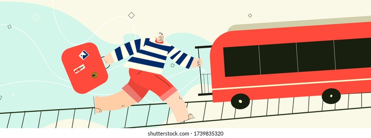 Man trying to catch the train with suitcases. Vector illustration , isolated on white background. Horizontal banner
