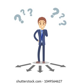 Man trying to choose the best direction standing on white.