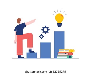 A man is trying to climb the chart to get to his target idea, educational concept. Character design. Vector flat illustration