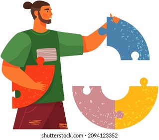 Man is trying to combine puzzle, cognitive development, maintenance of mental health. Male character assembles pieces of puzzle into coherent whole. Psychological trick for creativity and intelligence