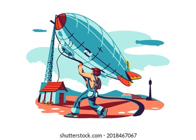 Man trying controls airship vector illustration. Dirigible flying in sky. Retro zeppelin flight flat style concept. Aeronautics technology idea