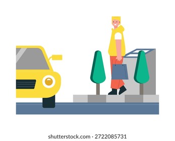 Un hombre tratando de cruzar la calle mientras llevaba una bolsa de compras, la vida de la ciudad. Diseño de personajes. Ilustración plana de Vector.