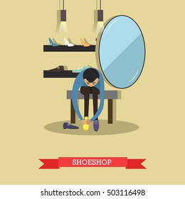 Man trying different shoes in shoe store. Shopping concept vector illustration in flat style design.
