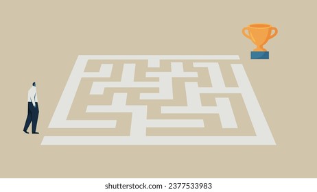 A man trying to enter a maze. There is a trophy at the goal.