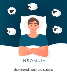 Man trying to fall asleep counting sheep. Insomnia cause of mental problems, insomniac ideas. Vector illustration in flat style