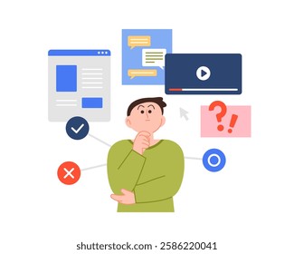 A man is trying to filter out fake news from various online sources. Cartoon style vector illustration on white background.