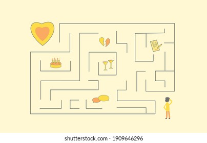 Man trying to find love in the maze, a concept illustration of love life trouble of finding true love