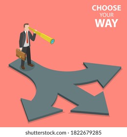 Man is Trying to Find Right Way Standing at the Crossroad. Career or Life Path Choosing, Difficult Business Decision. 3D Isometric Flat Vector Conceptual Illustration.