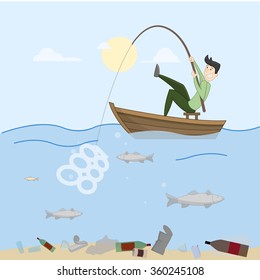 Man trying to fish. Sea completely full of crap. Contamination. Vector