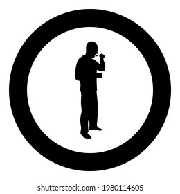 Man trying food from spoon standing Tasting concept Gourmet tries dish Chef trying silhouette in circle round black color vector illustration solid outline style image