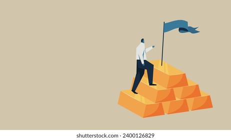 A man is trying to grab a flag on top of some gold nuggets.