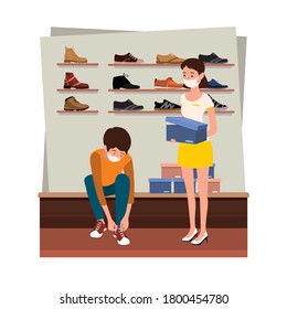 A man trying his new shoes at shoes store with a sales girl beside of him