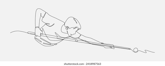 man trying to hit the ball in a billiard game. continuous one line drawing style. editable stroke. vector illustration.