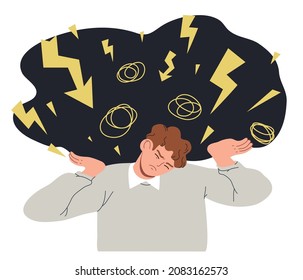 Man trying to hold a big negative cloud on his shoulders. Stress, panic attack, psychiatric or psychological problems. Mental health or disorder concept. Hand drawn vector cartoon style illustration