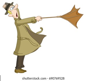 Man trying to hold onto his turned out broken umbrella against the wind