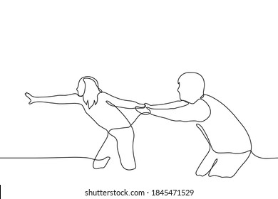 man is trying to hold a woman who is reaching out with her hand somewhere. one line drawing concept a woman is trying to get away from a man, but he does not want to let her go.