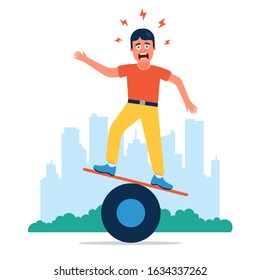 the man is trying to keep his balance, but not learning well. Flat character vector illustration.