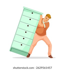 Homem tentando levantar grande peito verde de gavetas, estilo cartoon, sobre fundo branco. Conceito de esforço, trabalho duro e esforço físico. Ilustração vetorial
