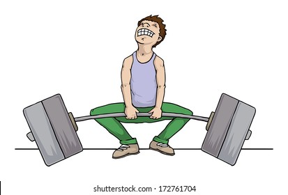 Man trying to lift very heavy  weight but fails, vector illustration