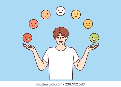 Man is trying to maintain emotional balance by juggling emoticons with positive and negative emotions. Guy develops emotional balance to avoid psychological turmoil and stress or depression