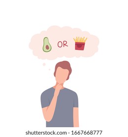 Man Trying to Make Decision, Avocado or French Fries, Guy hoosing Between Healthy and Unhealthy Food Flat Vector Illustration