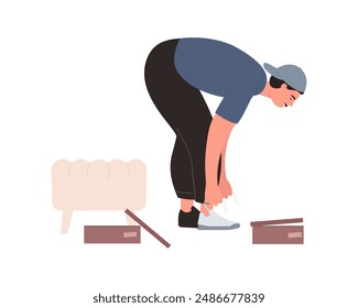 Man trying on new shoes in store, male character tying shoelaces vector illustration