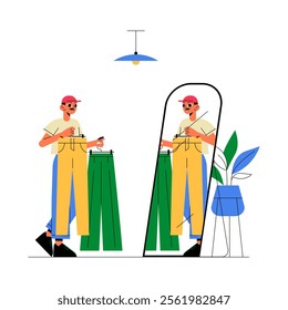Man Trying On Pants In Front Of A Mirror In Flat Vector Illustration Symbolizing Fashion Choices, Shopping, And Style Decisions, Isolated On White Background.