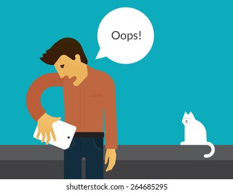 Man is trying to place his huge phone into the pocket. Illustration with speech bubble 