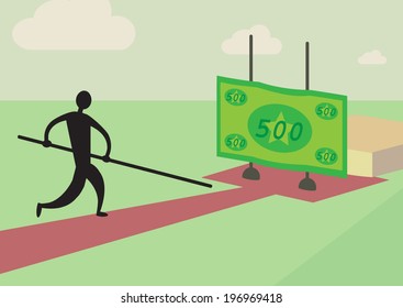 A man trying to pole vault over a financial high jump. A personal finance metaphor.