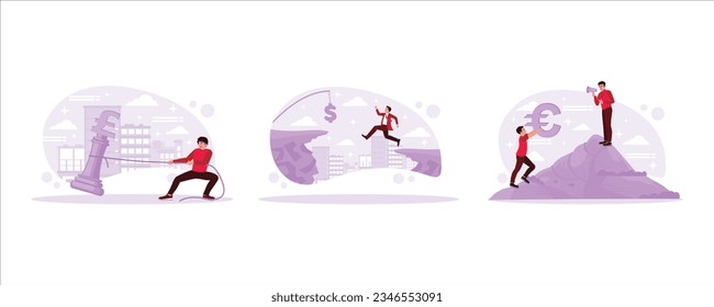 Mann, der versucht, ein Schach-Pfund-Symbol zu ziehen, Investitionsrisiko oder Geldfalle, Kontrolle der Angestellten zu arbeiten. Konzept der Finanzkontrolle Szenen. Trend Modern einstellen, Vektorgrafik-Flachgrafik