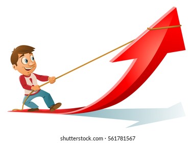 Man trying to pull up a growth arrow. Cartoon styled vector illustration. Elements is grouped. No transparent objects.