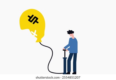 Man trying to pump balloon with dollar sign, inflation concept illustration