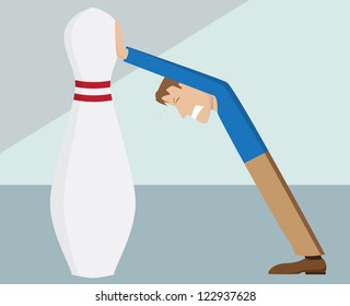 Man trying to push bowling pin