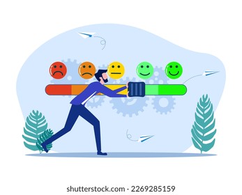 Man trying to push a customer comment bar to evaluate the results. Customers rate them based on their experience or quality services