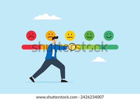 Man trying to push customer feedback bar to be excellent smile