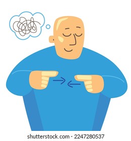 A man  trying to put his two fingers together with his eyes closed. Cartoon vector illustration