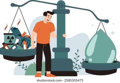 A man is trying to reduce environmental pollution. with a colorful flat design concept. to invite protecting the environment