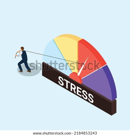 Man trying to relieve his stress by pulling his stress meter with a rope