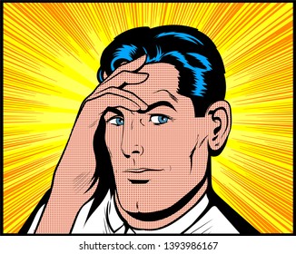 Man trying to remember. Business man deep in thought thinking with headache.  Retro Comic book cartoon Pop Art colored drawing, vintage vector illustration