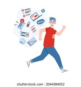 Man trying to run of worrying stressing news, cartoon vector illustration isolated on white background. Information stress psychological problem of modern people.