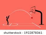 Man trying to shoot a basketball into a hoop. He completely miss and getting an air ball. Vector illustration concept of inaccurate, newbie, unskilled, frustration, and failure.