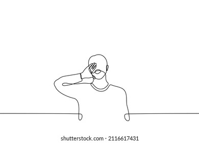 man trying to shout to someone - one line drawing vector. concept of loud message in distance, poor communication, cursing, not hearing each other