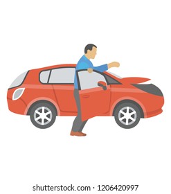 
Man trying to sit in car showing the icon of driving car 
