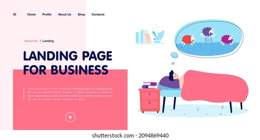Man trying to sleep while counting sheep. Male character in bed, speech bubble with furry animals flat vector illustration. Bedtime, insomnia concept for banner, website design or landing web page