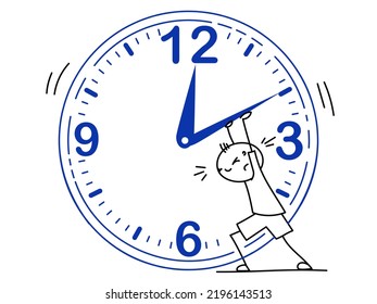 The man is trying to stop time. Approaching deadline. The guy put his hands on the clock to stop.