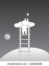 Man trying to take a star from the sky using a ladder