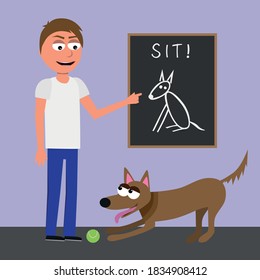 Man trying to train dog, funny vector characters, comic illustration, learning concept