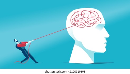 Man Trying To Untangle A Knot Of Thoughts In The Human Brain