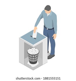 Man is trying to vote, but his vote is useless. The deceived man is throwing his voice into the trash can.